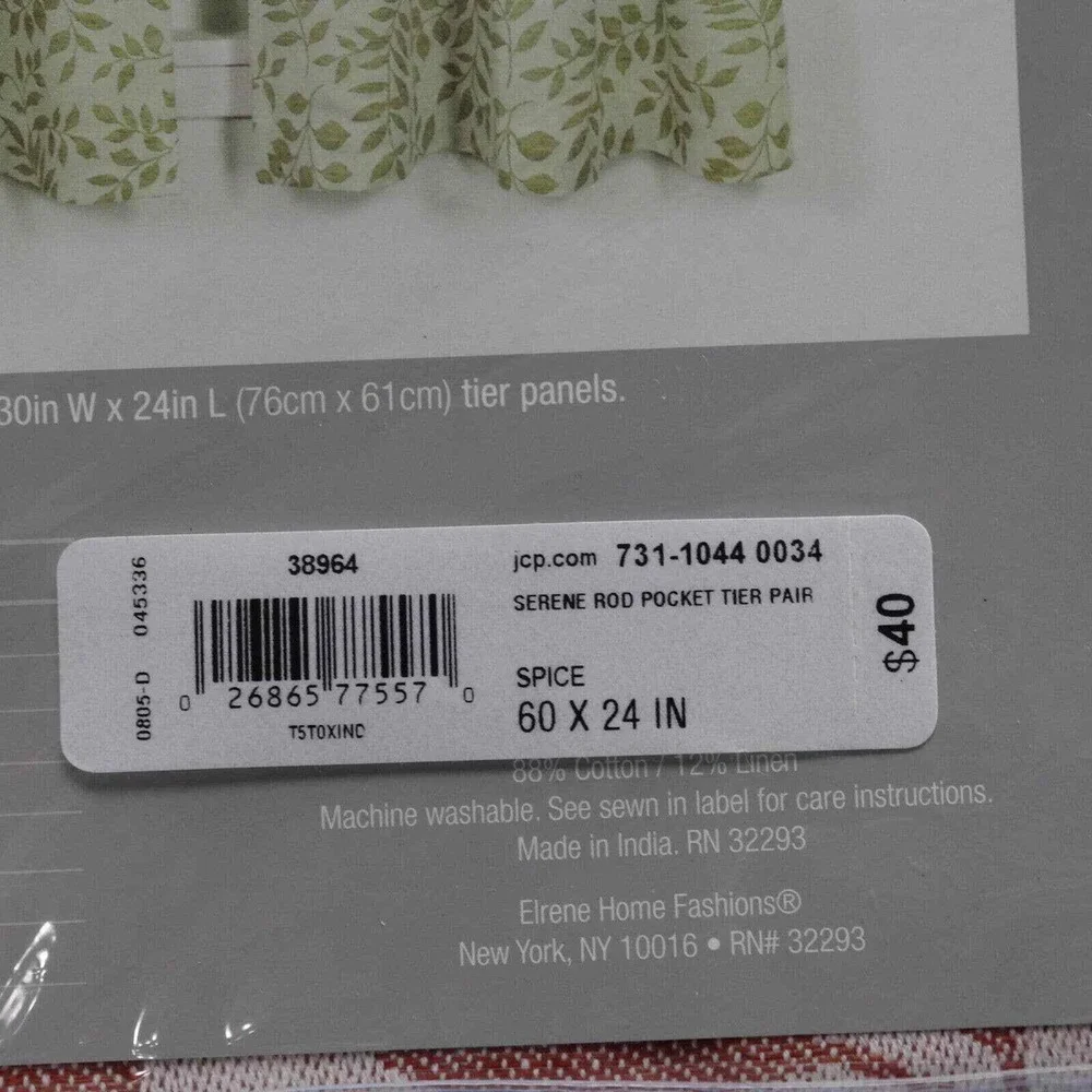 Elrene Serene Tier Curtains 24 Inch Spice Red Leaf Rod Pocket 60x24 Cotton Linen